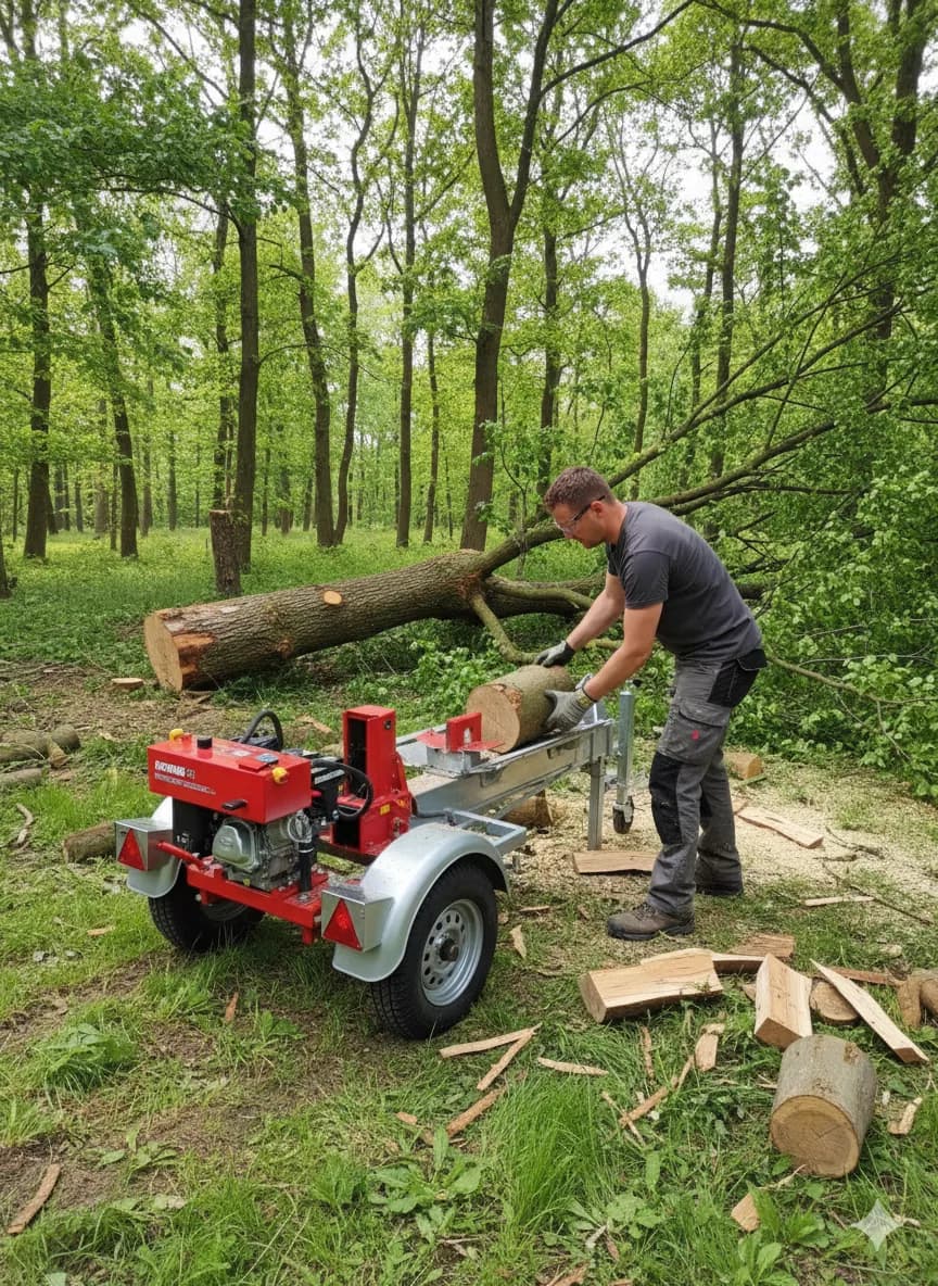 Man die houtklover gebruikt om omgezaagde boom te kloven tot brandhout.