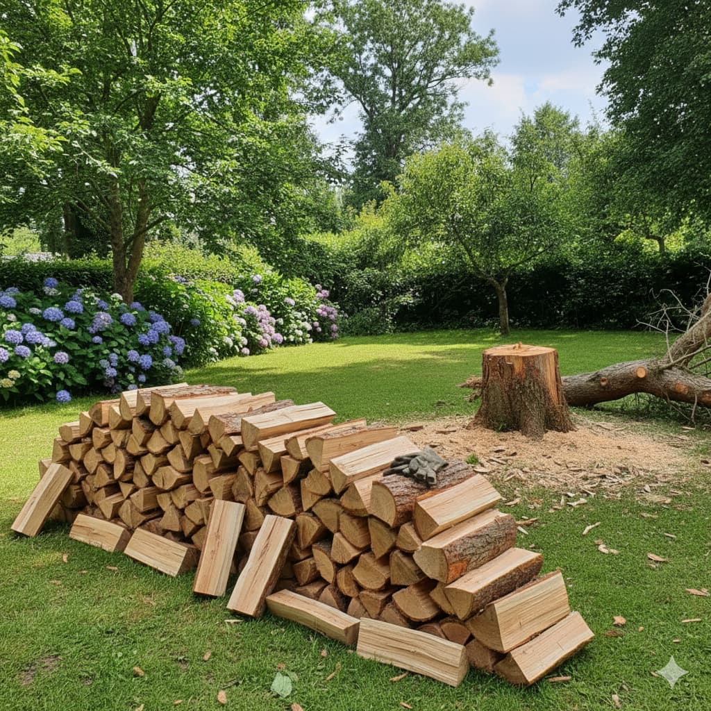 Stapel haardhout blokken die met de kloofmachine gekloofd zijn.